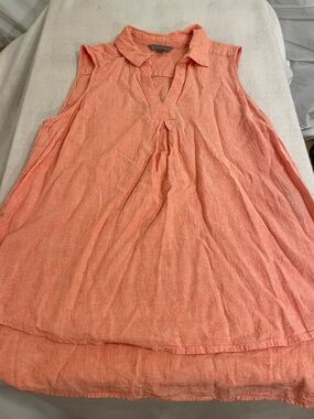Sharagano Mostly Linen Sleeveless Collared Blouse in Coral Peach